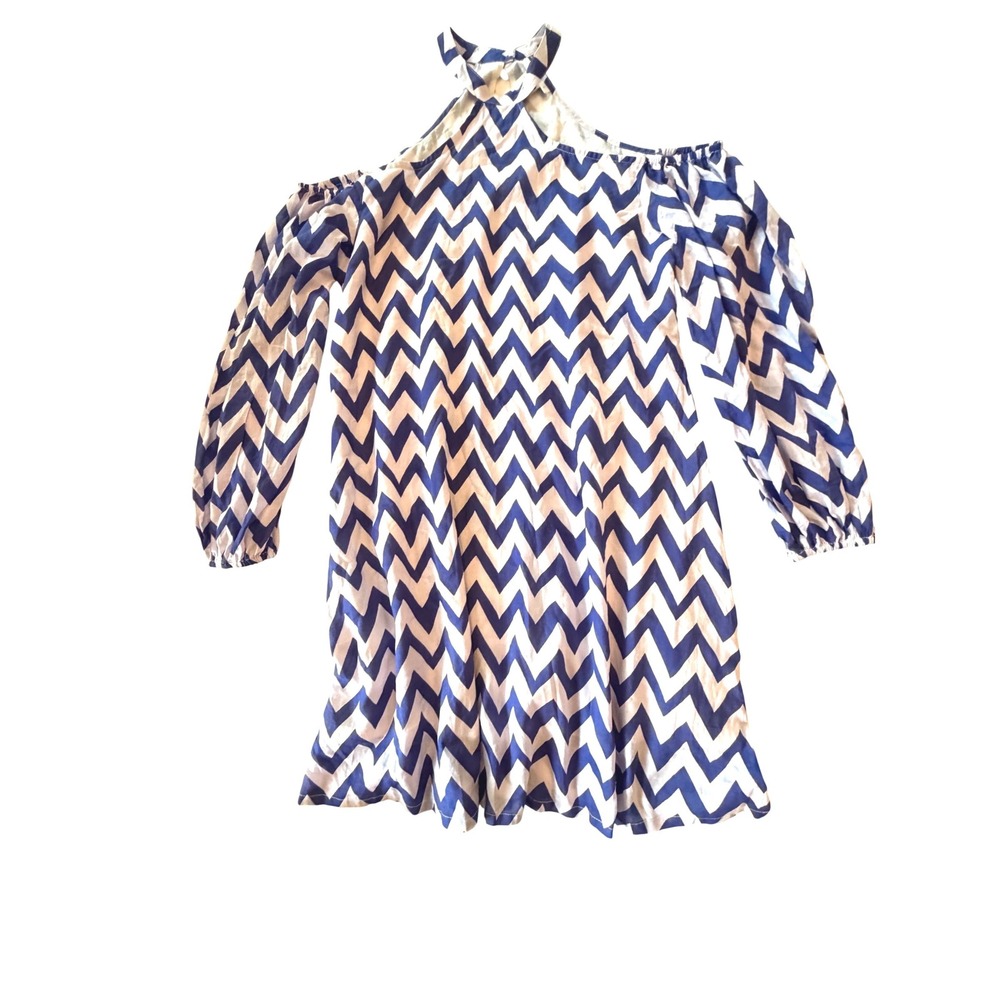 YOBABY Blue White Chevron Cold Shoulder Halter Neck Long Sleeve Dress‎ Large